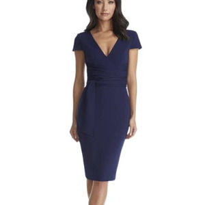 Dress the population midi dress, women's navy blue medium V-neck short sleeve
